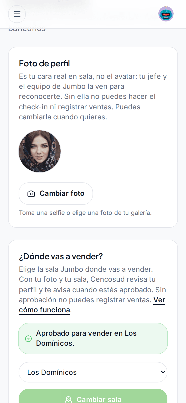 Editar perfil: la tarjeta «Foto de perfil» con el botón «Cambiar foto».