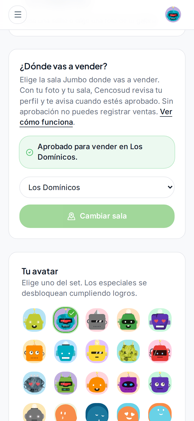 Editar perfil: la tarjeta «¿Dónde vas a vender?» con la lista de salas.