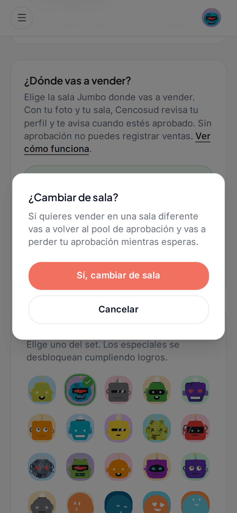 Aviso «¿Cambiar de sala?»: vas a volver al pool de aprobación y perder tu aprobación mientras esperas.