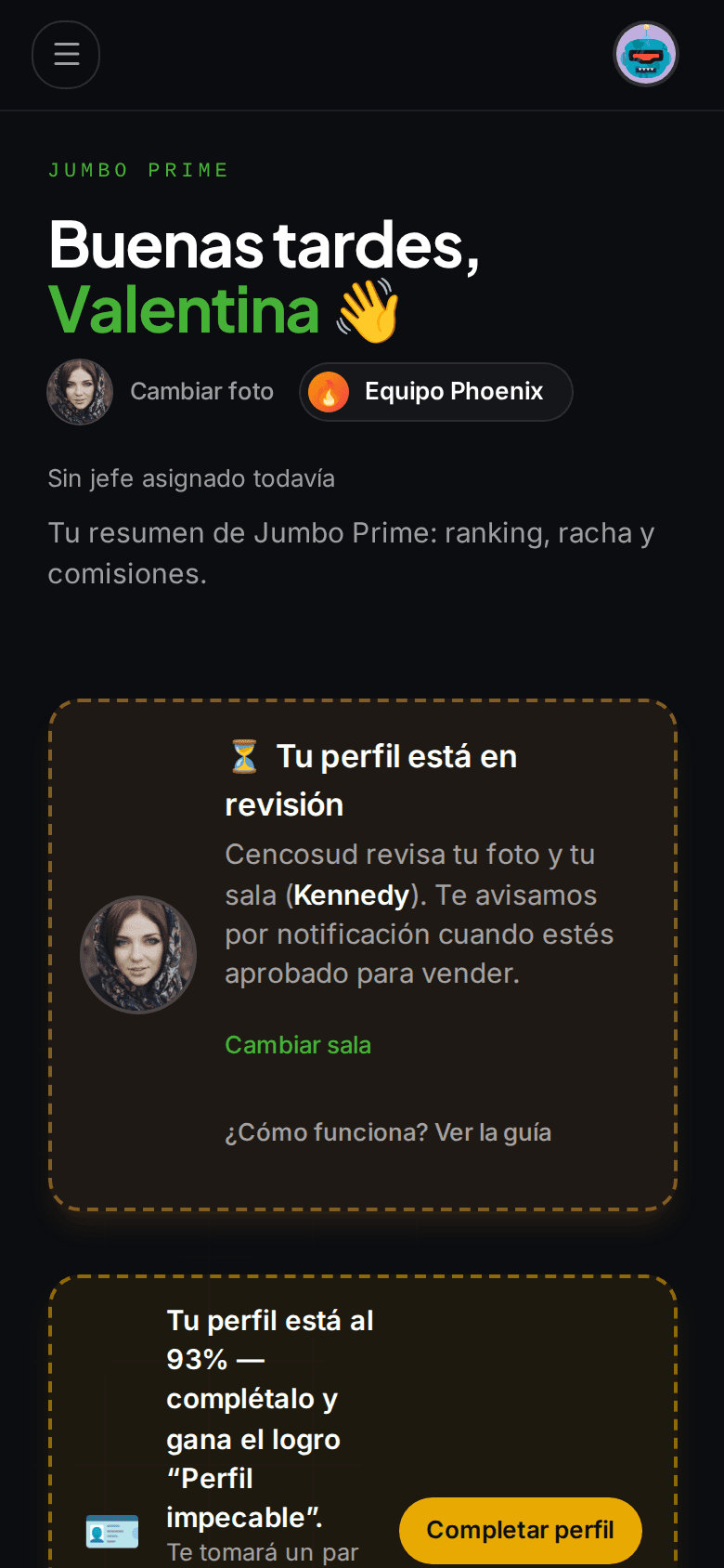 Panel del vendedor con la tarjeta amarilla «Tu perfil está en revisión».