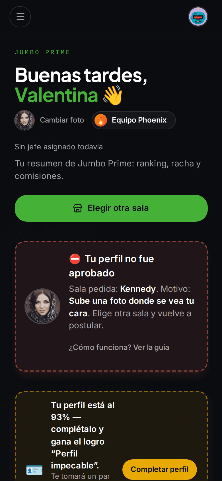 Panel del vendedor con la tarjeta roja «Tu perfil no fue aprobado» y el botón «Elegir otra sala».