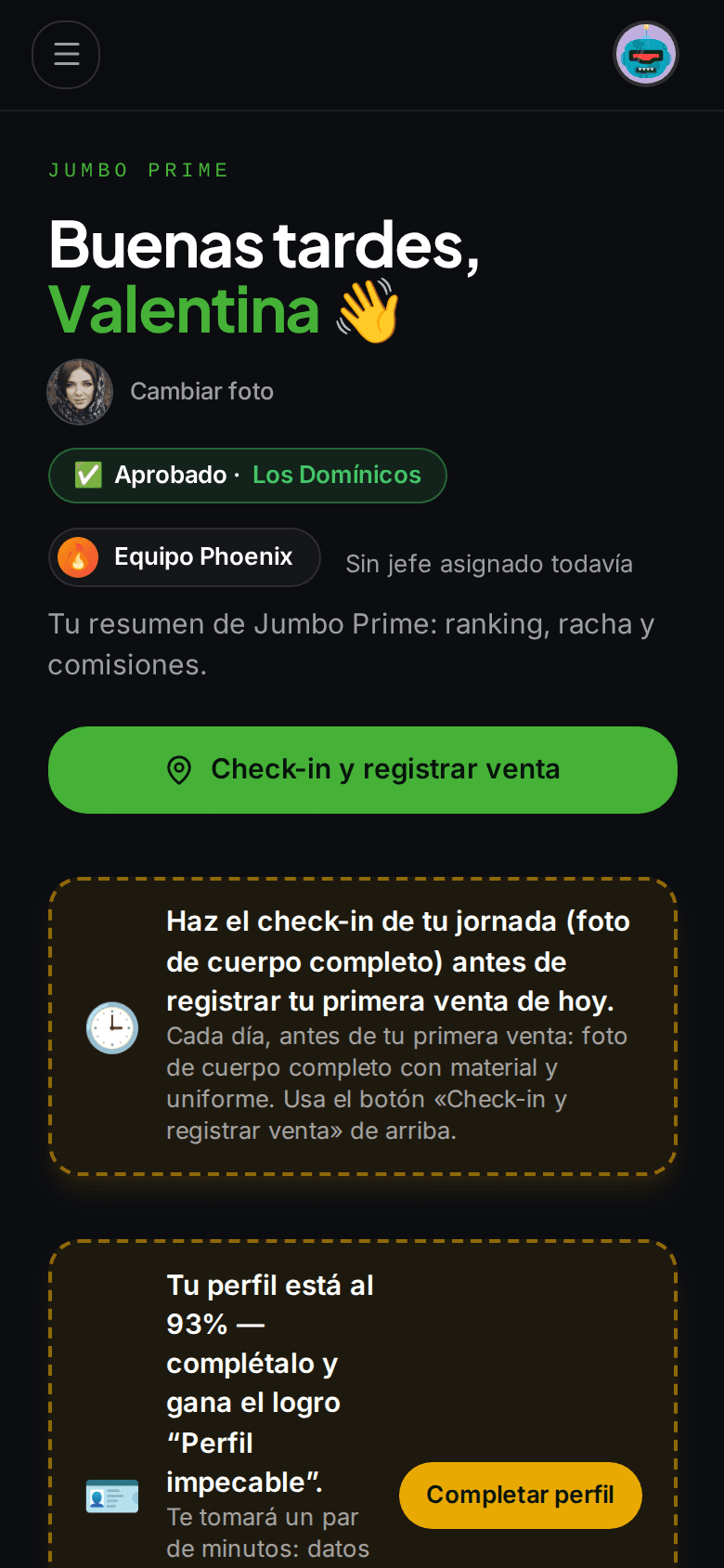 Panel del vendedor con la etiqueta «Aprobado · Los Domínicos» y el botón «Check-in y registrar venta».