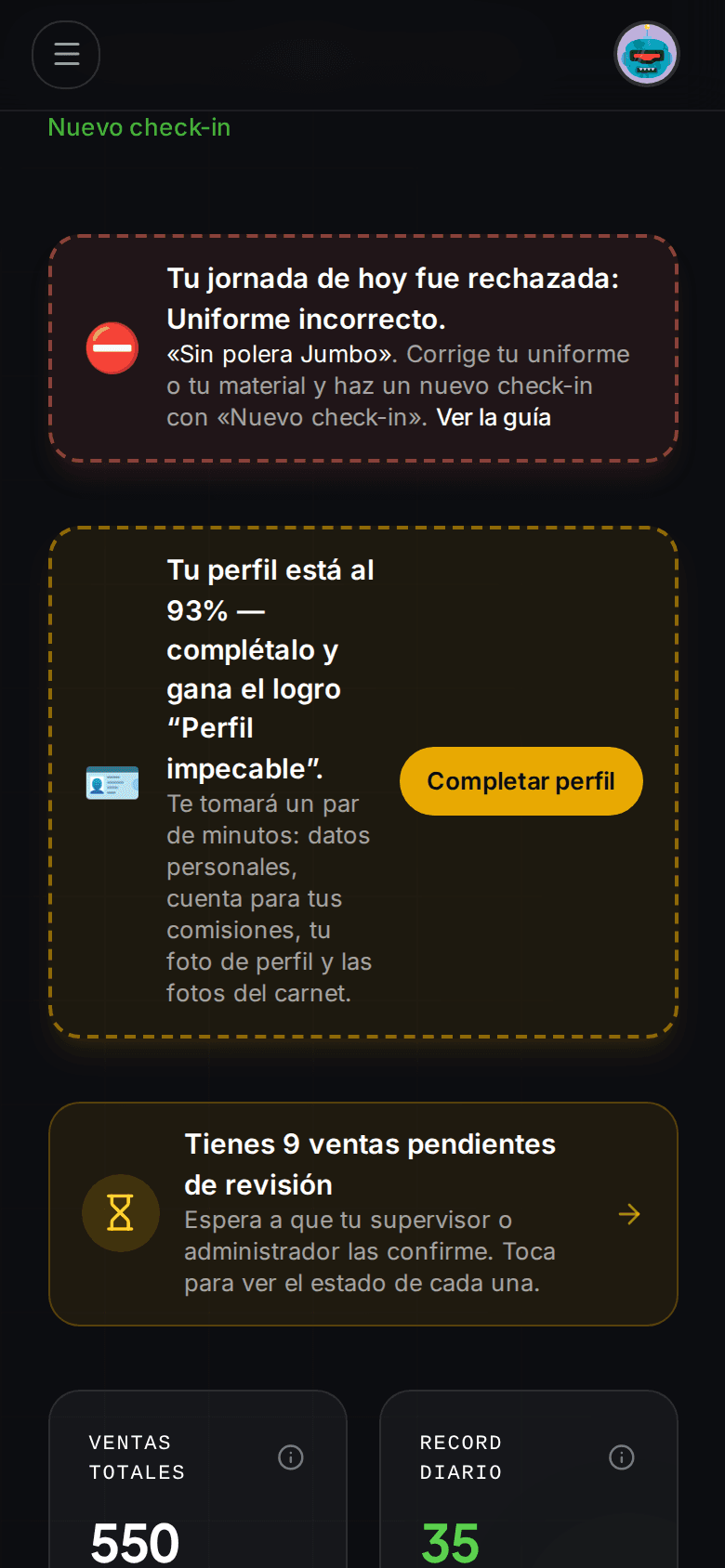Panel del vendedor con la tarjeta roja «Tu jornada de hoy fue rechazada: Uniforme incorrecto».