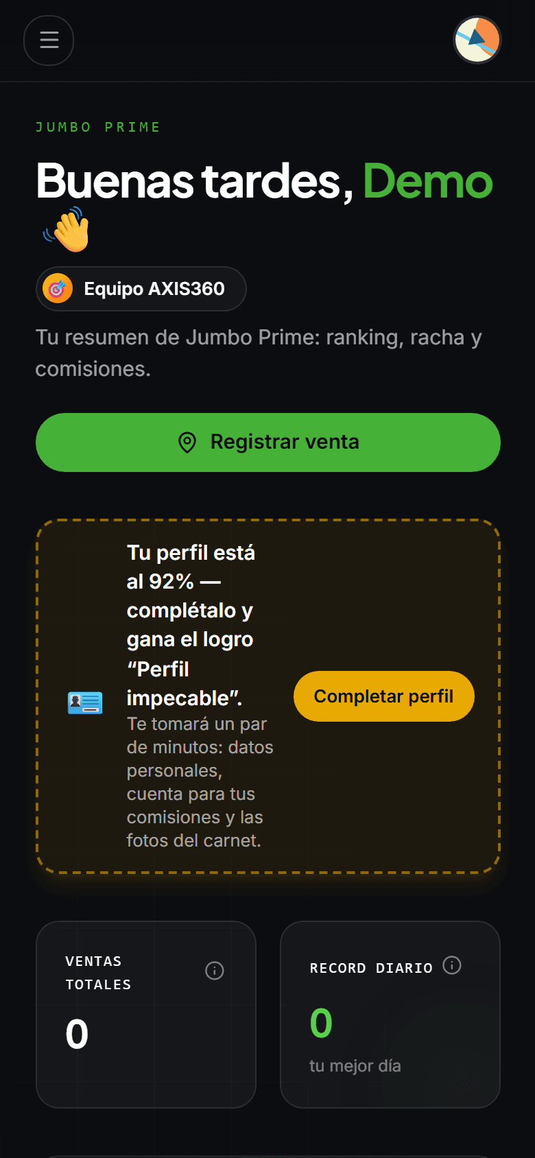 Panel del vendedor Jumbo Prime recién abierto desde el ícono: saludo, equipo y tarjetas de acceso rápido.