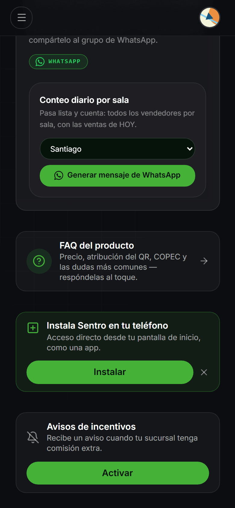 Tarjeta «Instala Sentro en tu teléfono» en Android con el botón «Instalar».