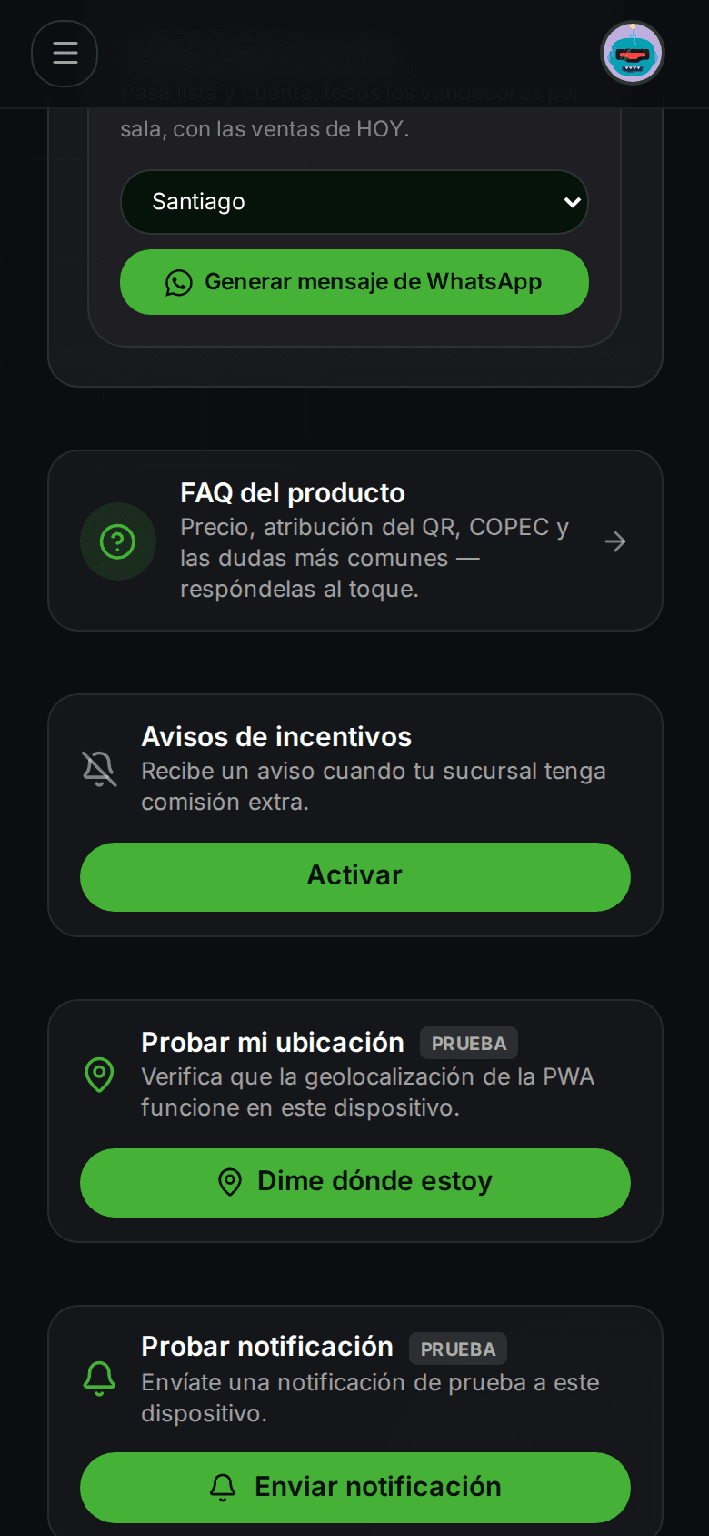 Bloque «Avisos de incentivos» al final del panel del vendedor: «Recibe un aviso cuando tu sucursal tenga comisión extra» y el botón verde «Activar».