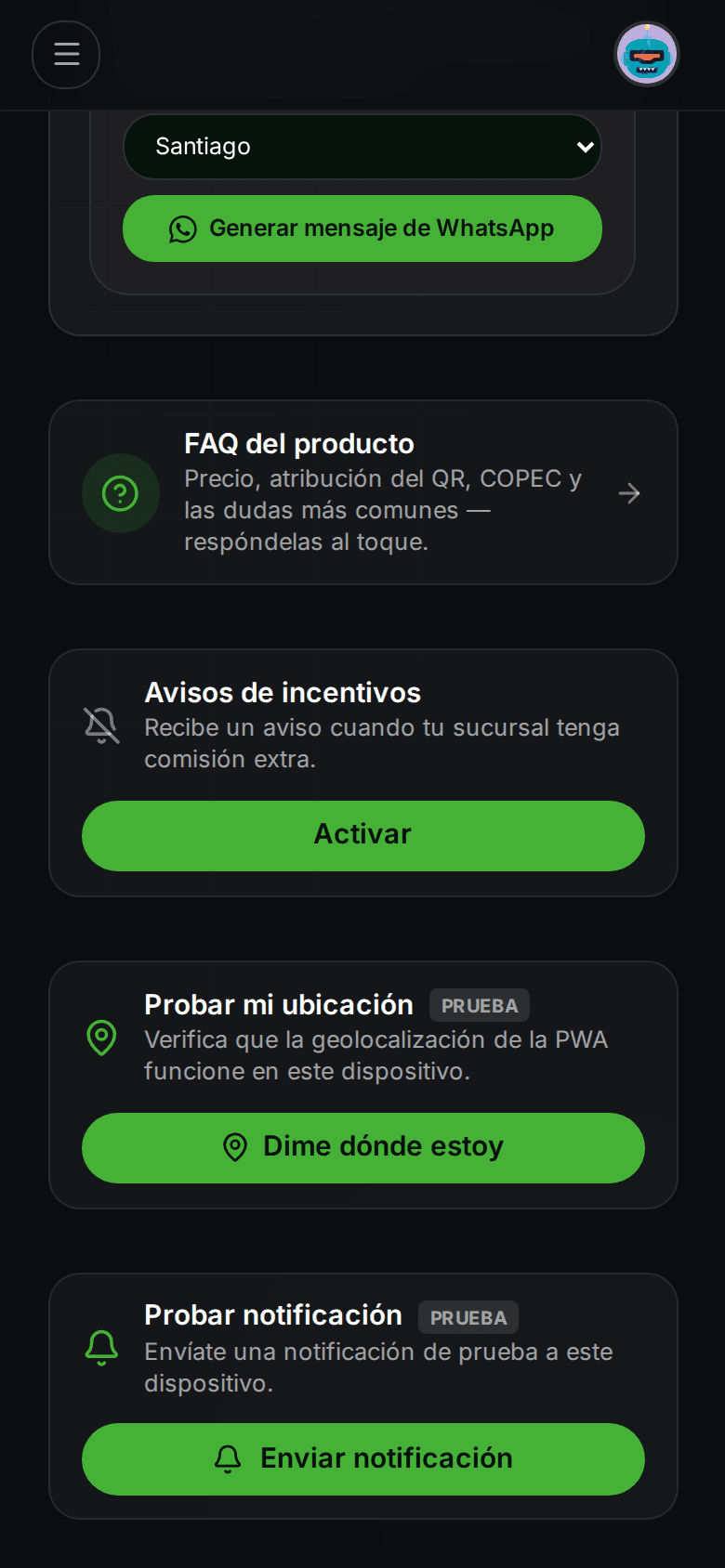 Bloque «Probar notificación» al final del panel del vendedor, con el botón verde «Enviar notificación».