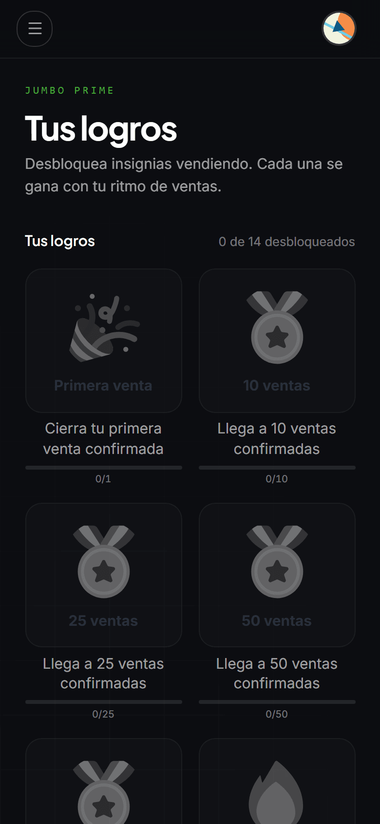 Página «Mis logros» con las medallas ganadas y por desbloquear.