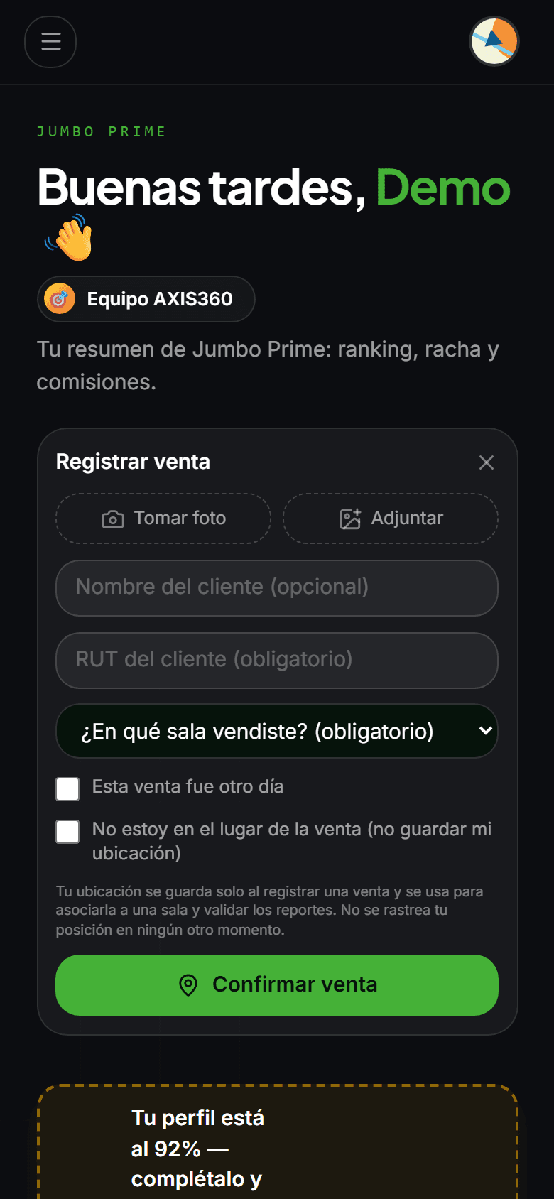 Formulario «Registrar venta» con los botones Tomar foto y Adjuntar, el nombre opcional, el RUT obligatorio y la pregunta «¿En qué sala vendiste?».