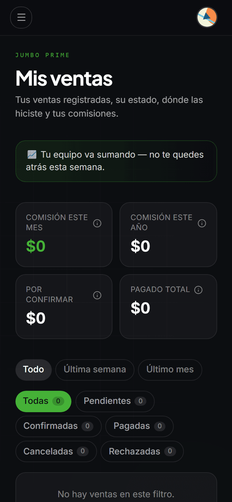 Página «Mis ventas» con el listado de ventas registradas y su estado.