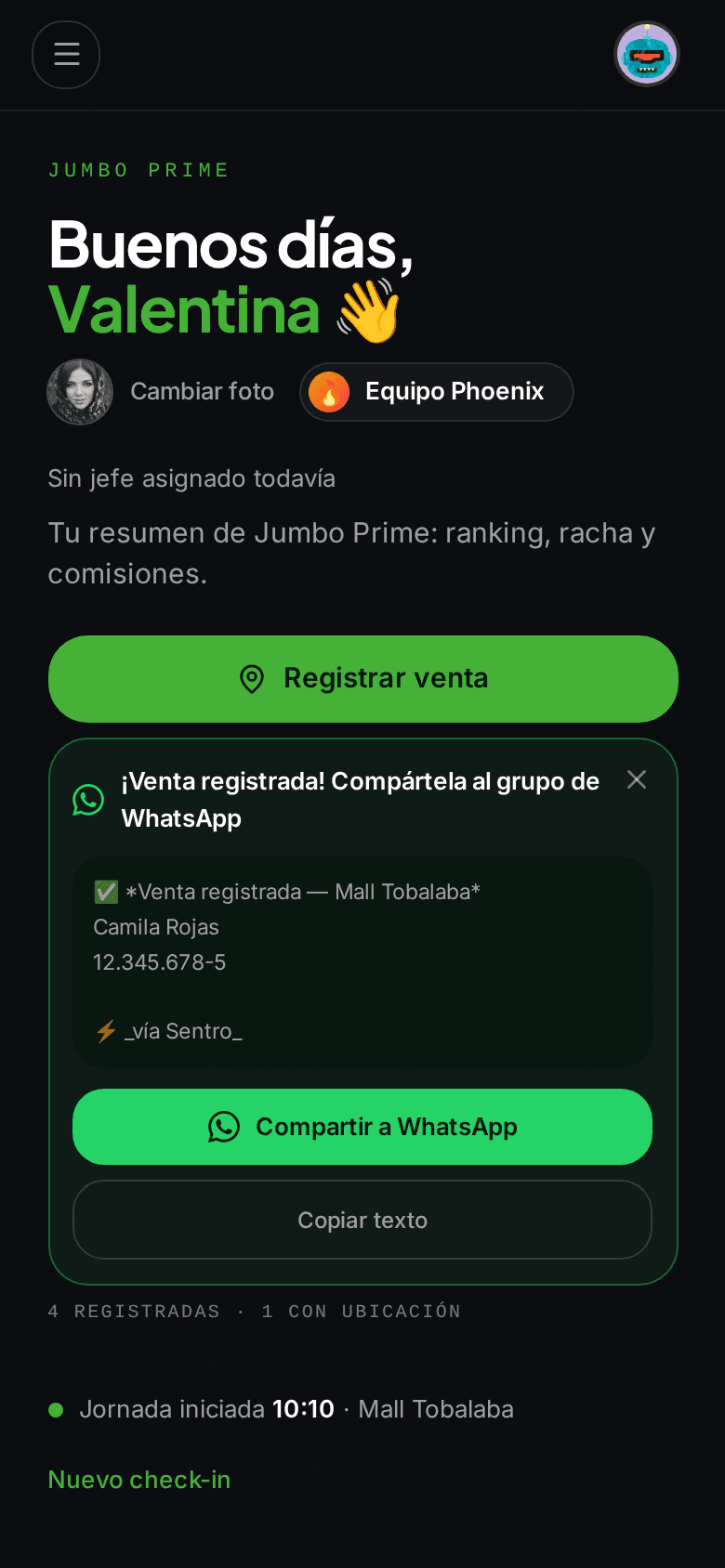Pantalla del vendedor justo después de confirmar una venta: la tarjeta «¡Venta registrada! Compártela al grupo de WhatsApp» con el mensaje listo y el botón verde «Compartir a WhatsApp».