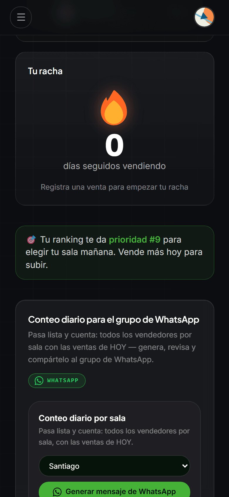 Bloque «Conteo diario para el grupo de WhatsApp» con el botón «Generar mensaje de WhatsApp».